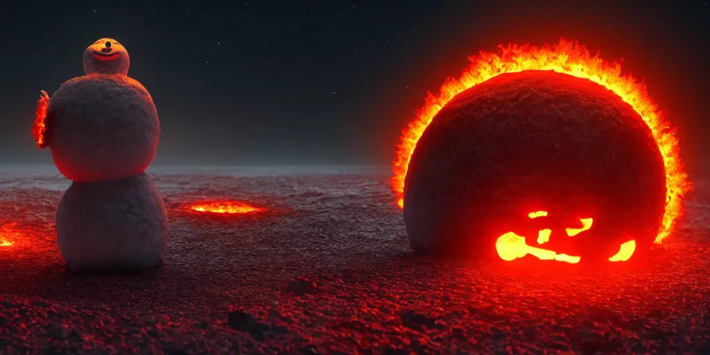 Image similar to a melted glowing snowman melting on top of the sun. the ground is made of fire and lava and is glowing orange. cinematic, dramatic, epic, volumetric lighting, atmospheric, red, orange extremely coherent, masterpiece, highly detailed, trending on artstation, 8 k, space, warm, solar flare, blade runner 2 0 4 9