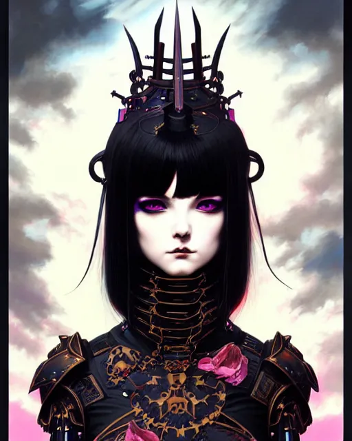 Image similar to portrait of beautiful cute goth girl in warhammer armor, art by kuvshinov ilya and wayne barlowe and gustav klimt and artgerm and wlop