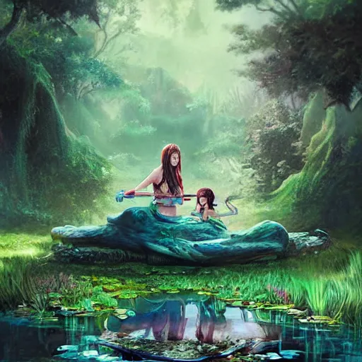 Image similar to a girl warrior and her daughter bathing in a magical pond by ross tran, forest, fantasy, artwork, highly detailed faces