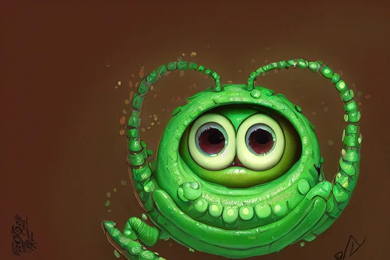 Image similar to symmetrical intricate murky clay cute friendly big eyes smiling green worm character kawaii, in the style of craola, macro lens, shallow depth of field, highly detailed, digital painting, trending artstation, concept art, illustration, cinematic lighting, pastel, photorealism, epic, octane render