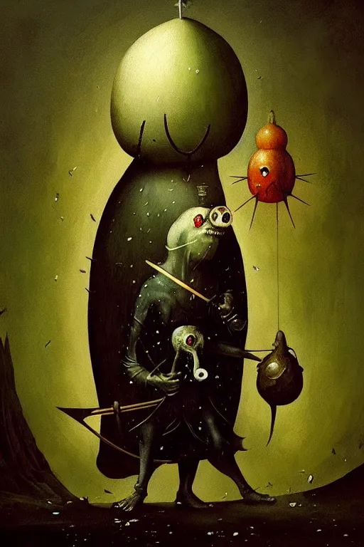 Image similar to hieronymus bosch, greg rutkowski, anna podedworna, painting of a pickle in a suit and eye with an eyepatch