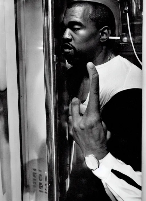 Image similar to Kayne West doing Cocaine in a phone booth by Garry Winogrand