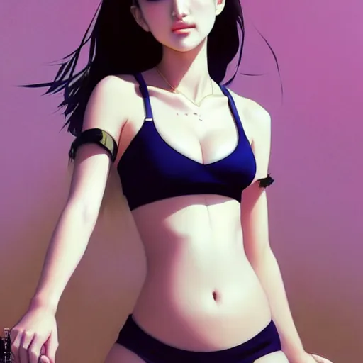 Image similar to a beautiful young japanese natalie portman alluring gravure model in crop top, large chest, by ilya kuvshinov and artgerm, aesthetic, gorgeous, alluring, attractive, gapmoe yandere grimdark, trending on pixiv fanbox, painted by greg rutkowski makoto shinkai takashi takeuchi studio ghibli, akihiko yoshida