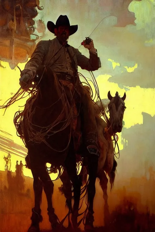 Prompt: hyperrealist portrait of a cowboy driving a stage coach by jeremy mann and alphonse mucha, fantasy art, photo realistic, dynamic lighting, artstation, poster, volumetric lighting, very detailed faces, hdr, high dynamic range, 4 k, award winning