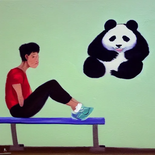 Image similar to oil painting of a sad panda that sits on a flat bench alone and sad with gym pants