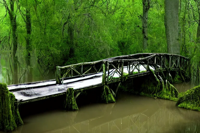 Image similar to a cursed bridge through an evil swamp