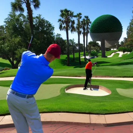 Prompt: playing golf using epcot as the ball in real life, highly detailed, extremely high resolution, ultra realistic