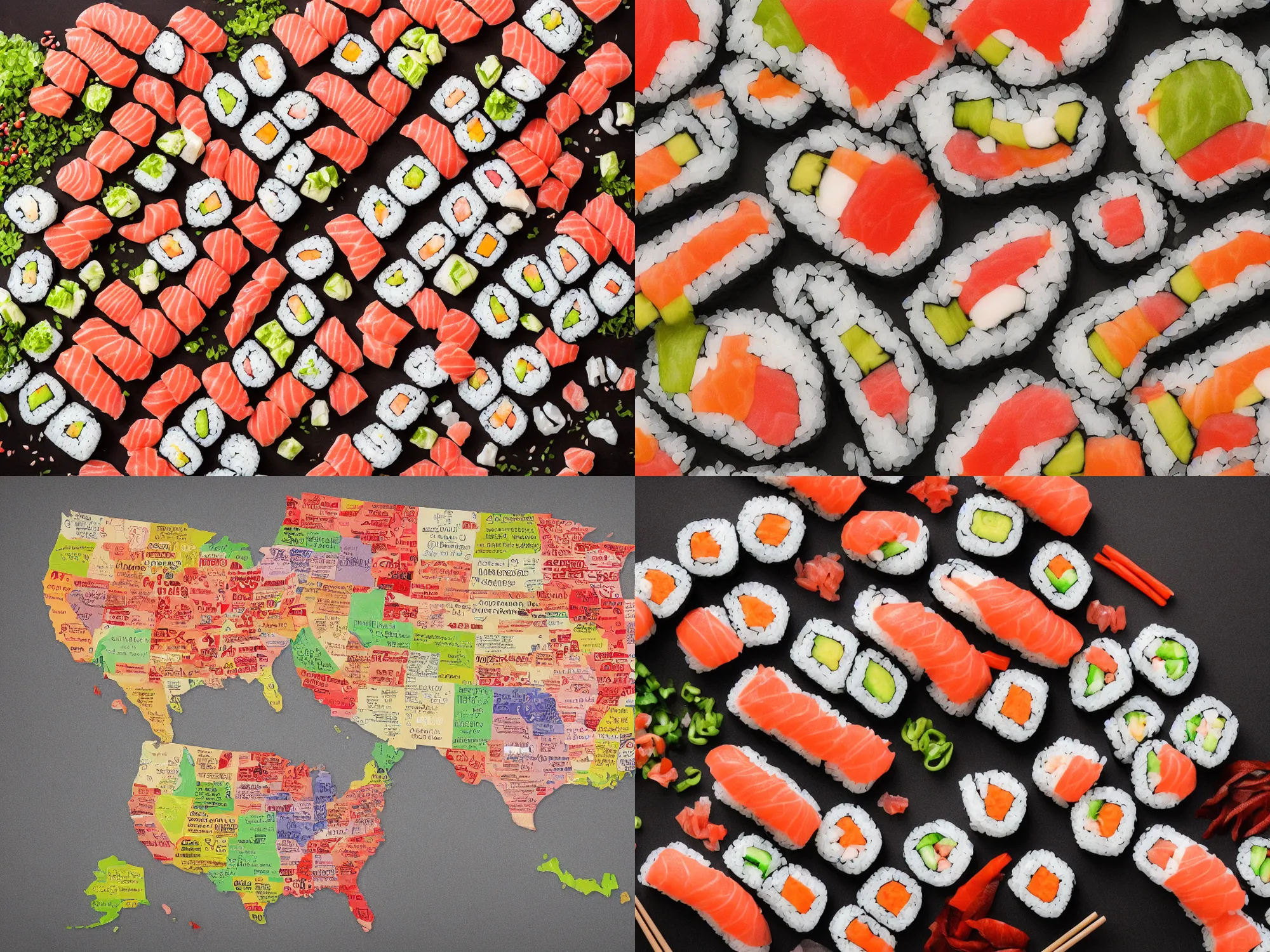 Prompt: photo of the map of the USA made from sushi, map, accurate, in the style of onigiri sushi, 4K, photography