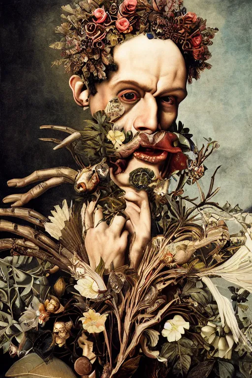 Image similar to Detailed maximalist portrait a greek god with large lips and with large white eyes, exasperated expression, botany bones, Grimm fairy tales, HD mixed media, 3D collage, highly detailed and intricate, surreal illustration in the style of Caravaggio, dark art, baroque