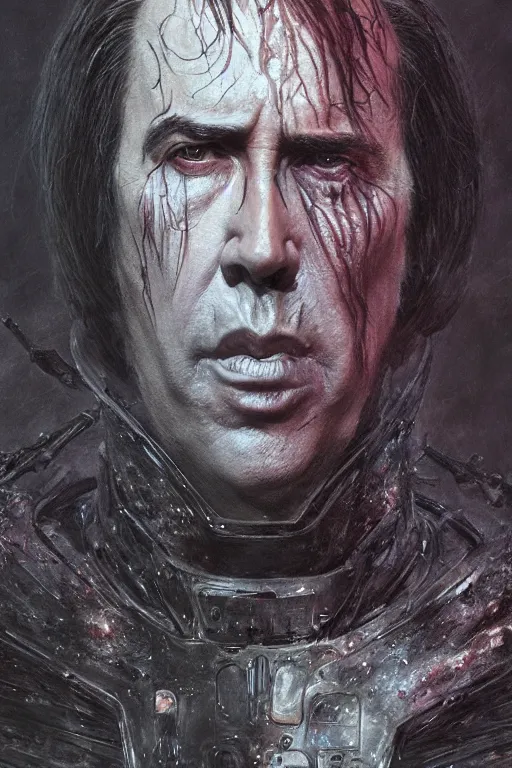 Image similar to Nicholas Cage Sith Lord, star wars, dark fantasy, intricate, highly detailed, smooth, artstation, painted by Wayne Barlowe, Greg Rutkowski, zdislav beksinski, Francis Bacon