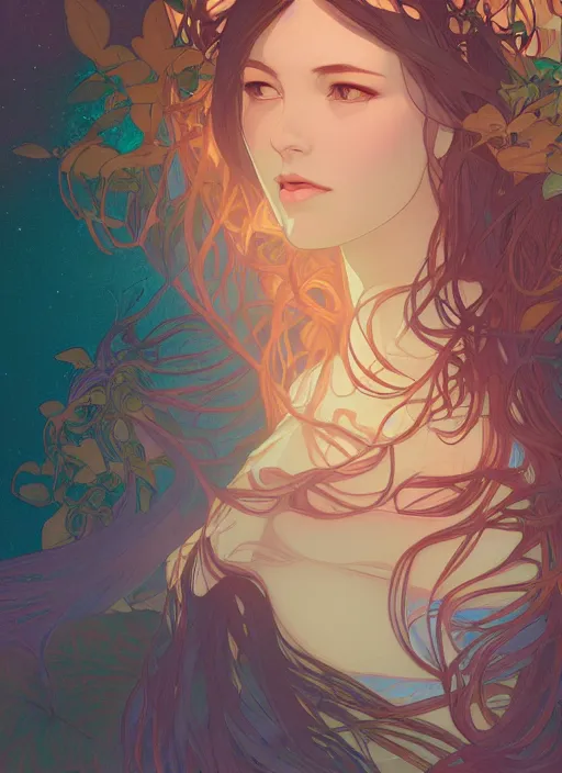 Image similar to Nature Goddess, ambient lighting, 4k, alphonse mucha, lois van baarle, ilya kuvshinov, rossdraws, artstation