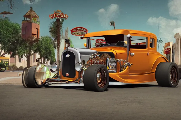 Prompt: a whimsical illustration of a 1 9 3 0 model a ford hot rod driving in a beautiful town square area of a small town, 8 k resolution, lowbrow style, storybook illustration, octane render, detailed painting, by katherine federer, anthony pafford, harry gamboa and tracy flickinger