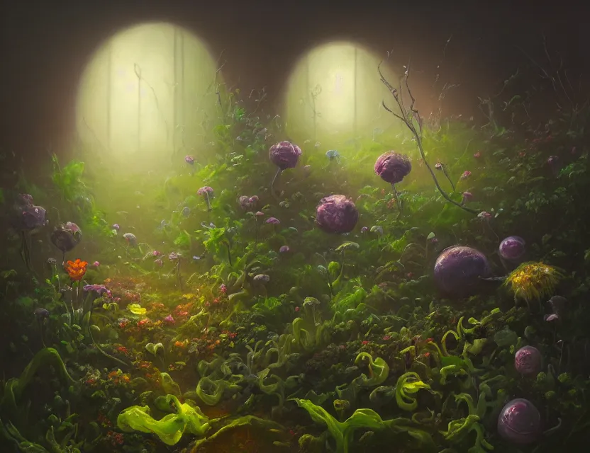 Prompt: amorphous, gooey life form crawling over a garden in a beautiful foggy morning. oil painting, indie concept art, bloom, chiaroscuro, backlighting, intricate details, depth of field.