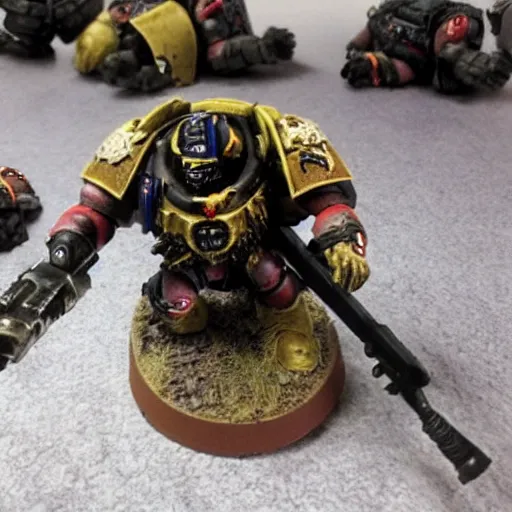 Image similar to real life space marine walking on human bloody dead bodies, shooting with heavy bolt rifle towards demons