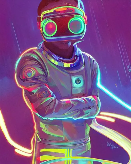 Image similar to future coder man looking on, sleek cyclops display over eyes and sleek bright headphoneset, neon accent lights, holographic colors, desaturated headshot portrait digital painting by dean cornwall, rhads, john berkey, tom whalen, alex grey, alphonse mucha, donoto giancola, astronaut cyberpunk electric