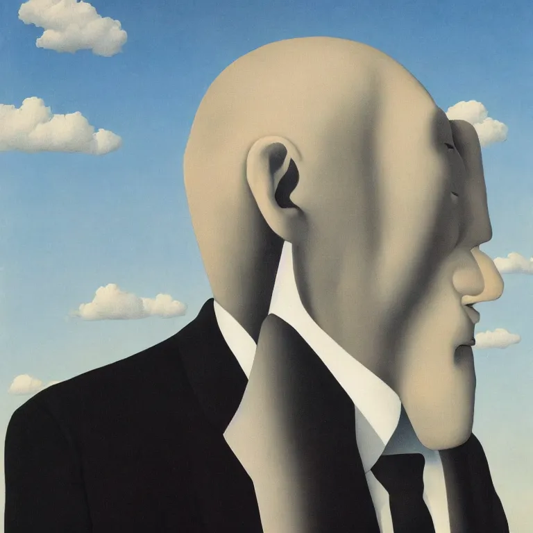 Image similar to portrait of a faceless shadow - head man in a suit, clouds in the background, by rene magritte, detailed painting, distance, centered, hd, hq, high resolution, high detail, 4 k, 8 k