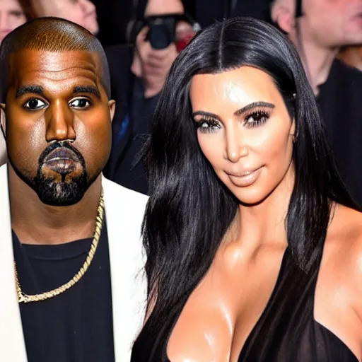 Prompt: kim kardashian standing in the middle of kanye west and pete davidson