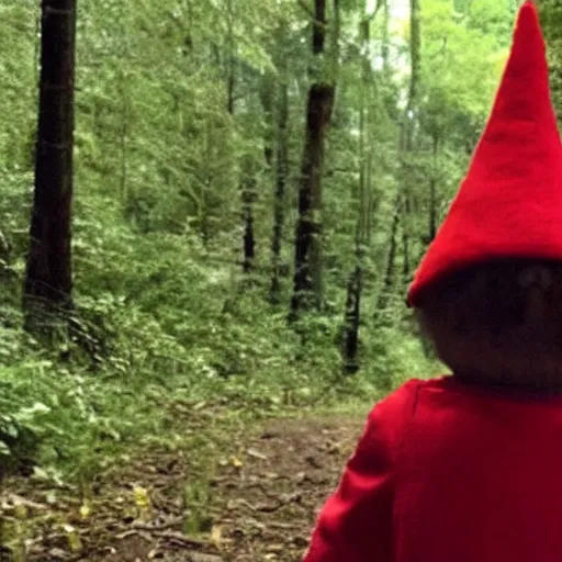 Image similar to bad quality screenshot of a leaked video of a small person dressed as gnome looking at me at a forest trail, photo taken from far away, night time, bright camera flash, camera shaking, disturbing, very scary, realistic, very disturbing, ultrarealistic, 480p, scary