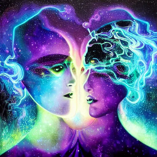 Image similar to psychic link between two beings in love, iridescent glitter liquid metal, space, nebula, marble, dark black background, neon glow, by mohrbacher and dali