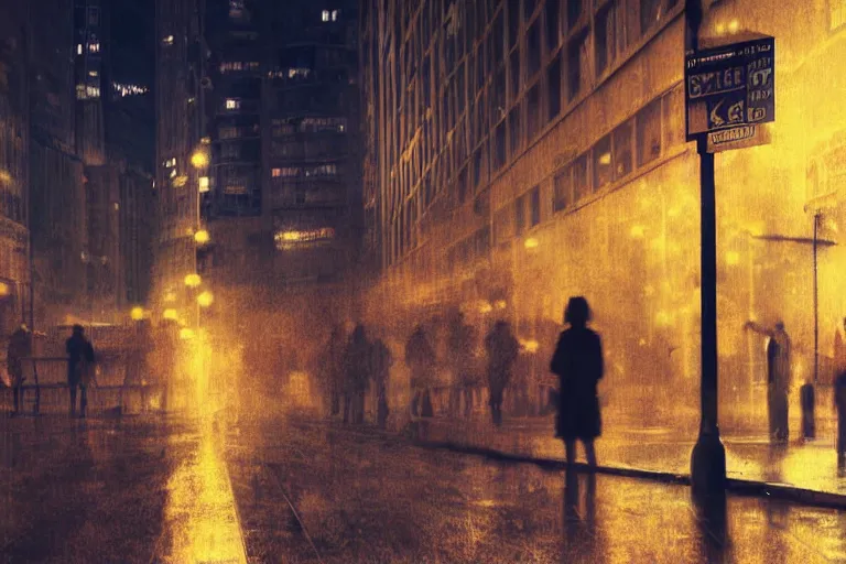 Prompt: sad city, street, depth of field, by wlop, at night, poster, highly detailled