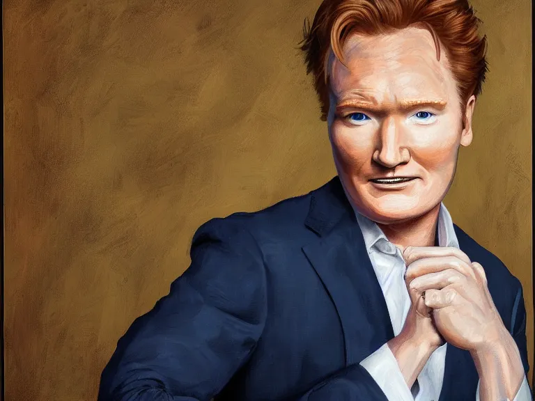 Image similar to portrait of conan o'brien with an hand on his chin, painting by jose malhoa, high detail, high resolution