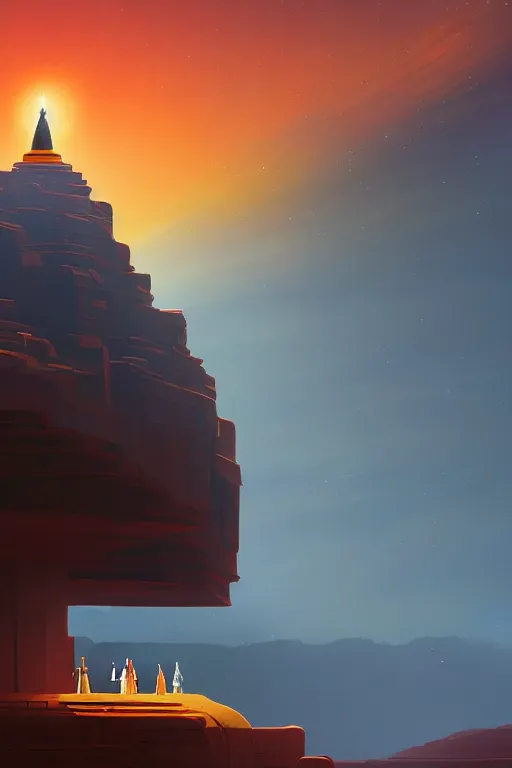 Image similar to tibetan stupa glowing orange in canyon, geometric lines in the sky, floating planets, dramatic lighting, artstation, matte painting, ralph mcquarrie, simon stalenhag