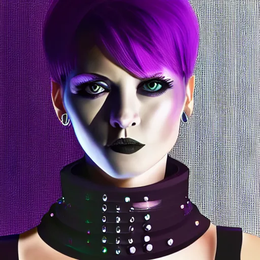 Prompt: a digital artwork of woman wearing technological large steel collar, choker on neck, purple cyberpunk art style, 4K, portrait, punk hairstyle,