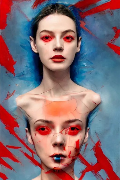 Image similar to 3 d, sci - fi, morning, stanley kubrick smiling fashion model face, sun, cinematic, lightning clouds, vogue cover style, poster art, light red and deep blue mood, realistic painting, intricate oil painting, high detail, figurative art, multiple exposure, poster art, 3 d, by tooth wu and wlop and beeple and greg rutkowski