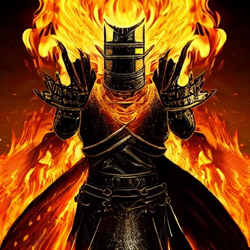 Image similar to the knight of the eternal flame covered in flames wearing detailed gold and black armor like obsidian, dark souls concept art, dramatic lighting, trending on artstation hq, 4 k, uhd