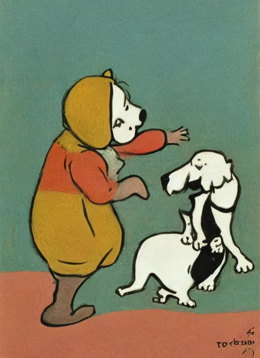 Prompt: little rascal playing with a dog by tove jansson