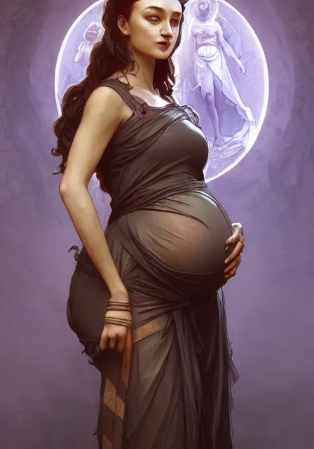 Image similar to sansa pregnant mummy zombie, intricate, elegant, highly detailed, digital painting, artstation, concept art, smooth, sharp focus, illustration, art by artgerm and greg rutkowski and alphonse mucha and william - adolphe bouguereau