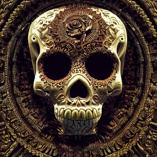 Prompt: a highly detailed photographic render of intricately carved sugar skull, intricate ornament, gilding, horror, dark fantasy, beautifully lit, ray traced, octane 3D render in the style of Gerald Brom and James Gurney