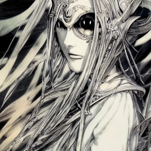 Image similar to Yoshitaka Amano blurred and dreamy illustration of an anime girl with pirate eye patch, wavy white hair and cracks on her face wearing Elden ring armour with the cape fluttering in the wind, abstract black and white patterns on the background, noisy film grain effect, highly detailed, Renaissance oil painting, weird portrait angle