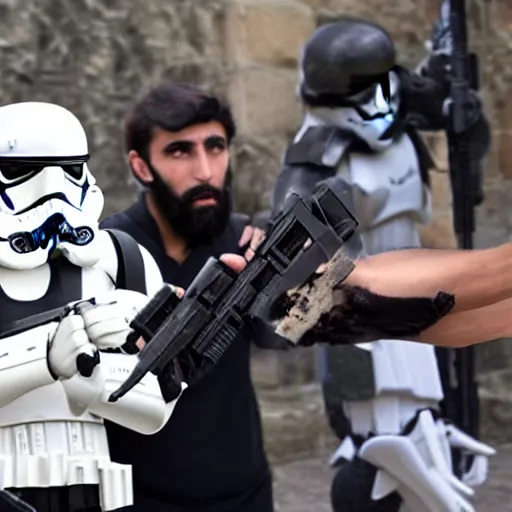 Image similar to 5 foot 1 0 fit iranian man with very short black beard and medium black well styled hair being captured by stormtroopers, highly detailed, high definition, ultra realistic