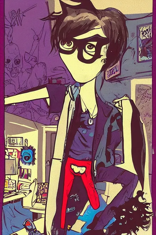 Image similar to nerdy goth guy, cluttered messy 9 0 s bedroom, by jamie hewlett, jamie hewlett art, vaporwave, 9 0 s aesthetic, 9 0 s vibe, concept art, full body character concept art, perfect face, detailed face,