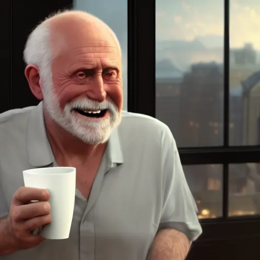 Image similar to hide the pain harold ; cinematic screenshot ; crisp sharp focus ; ultra realistic, concept art, intricate details, cool forced smile at office with cup in hand, highly detailed, photorealistic, octane render, 8 k, unreal engine. art by artgerm and greg rutkowski and charlie bowater and magali villeneuve and alphonse mucha