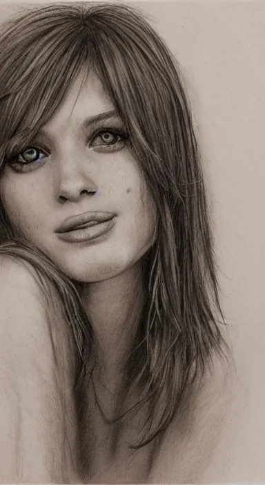 Image similar to highly detailed realistic pencil sketch portrait of a beautiful woman with short hair and bangs and freckles