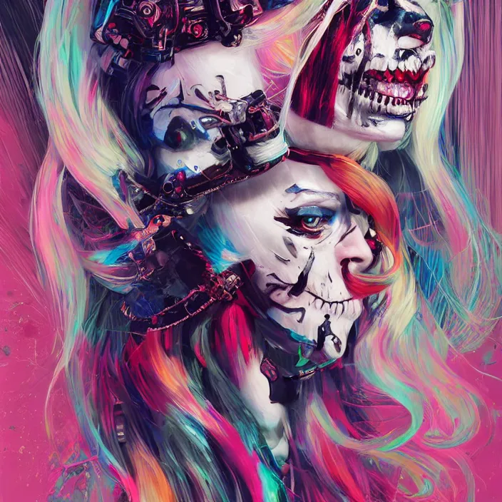 Prompt: skull of Margot Robbie as harley quinn. intricate abstract. intricate artwork. nightmare fuel. by Tooth Wu, wlop, beeple, dan mumford. octane render, trending on artstation, greg rutkowski very coherent symmetrical artwork. cinematic, hyper realism, high detail, octane render, 8k, iridescent accents