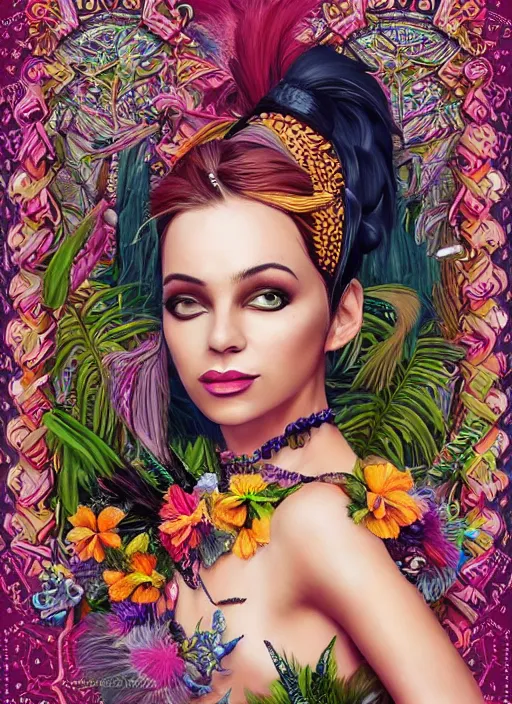 Image similar to beautiful portrait of a witch goddess wearing fantastic dress,embellished beaded feather decorative fringe knots ,colorful pigtail,subtropical flowers and plants,perfect symmetrica body shape,symmetrical face,intricate,elegant,highly detailed,8k,post-processing,digital painting,trending on pinterest,harper's bazaar,concept art, sharp focus, illustration, by artgerm,Tom Bagshaw,Lawrence Alma-Tadema,greg rutkowski,Alphonse Mucha,golden ratio