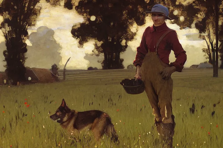 Image similar to farm life portrait of furry anthro anthropomorphic german shepard head animal person fursona wearing clothes farmer on the field in ohio, sunny day, digital art by Nerdrum John, William Waterhouse, Winslow Homer, Alex Heywood, Jordan Grimmer, Darren Quach, Greg Rutkowski, Simon Stalenhag, trending on Artstation, CGSociety