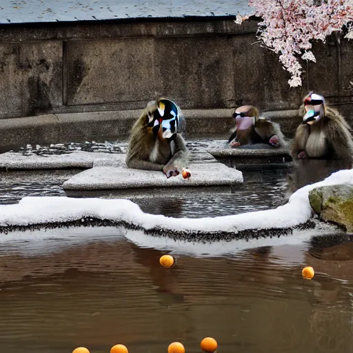 Prompt: a family of Japanese macaques in a snowy hot spring, oranges floating in the water, early morning