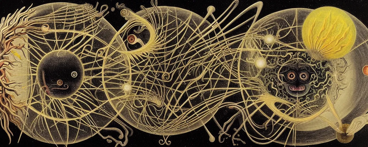 Image similar to a strange earth creature with endearing eyes radiates a unique canto'as above so below'while being ignited by the spirit of haeckel and robert fludd, breakthrough is iminent, glory be to the magic within, in honor of saturn, painted by ronny khalil