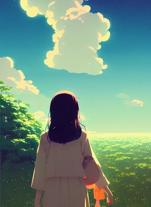 Image similar to portrait of a smiling girl by ilya kuvshinov, cloudy sky background lush landscape ln illustration concept art anime key visual trending pixiv by victo ngai fanbox by greg rutkowski makoto shinkai takashi takeuchi studio ghibli