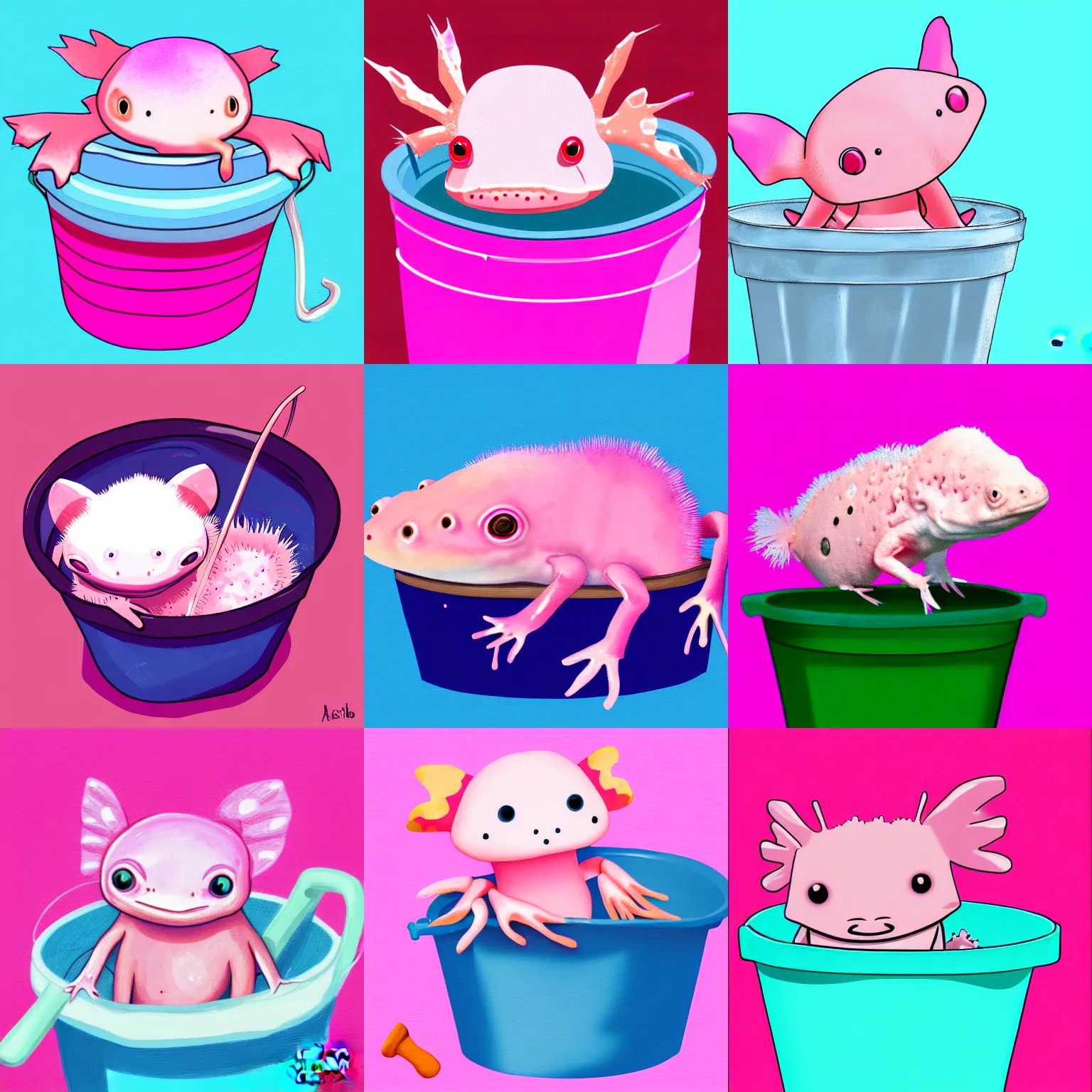 Prompt: digital painting of a cute pink axolotl sitting in a bucket