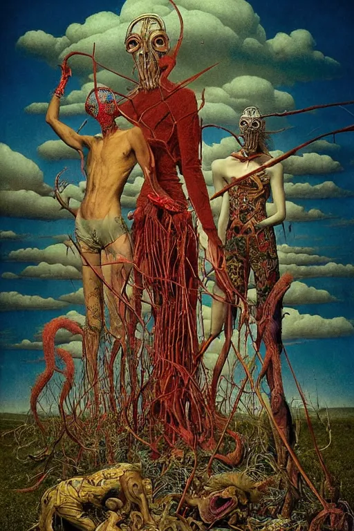 Image similar to 35mm color, humans enslaved by machines, portrait, fashion shoot, freak show, weird, random, strange, hyperdetailed, photorealistic, interesting, by David la chapelle and karol bak and david cronenberg and WETA digital, art by Zdzisław Beksiński, Ivan Bilibin, Dariusz Zawadzki , ID magazine, octane rendering, cinematic, hyperrealism, octane rendering, 8k, depth of field, bokeh.