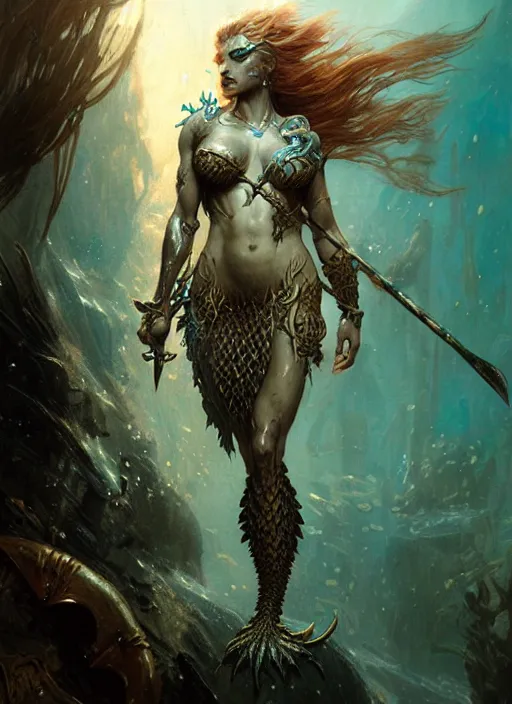 Image similar to a fierce mermaid warrior under water, fantasy character portrait, ultra realistic, concept art, intricate details, highly detailed by greg rutkowski, gaston bussiere, craig mullins, simon bisley