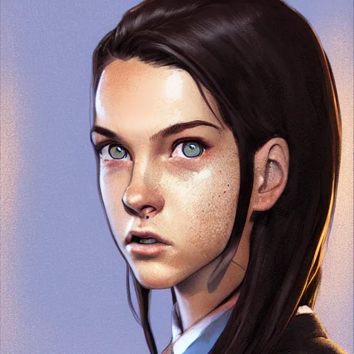 Image similar to portrait of a brunette thin teenager girl with blue eyes wearing school uniform in fallout, light stubble, digital art,photorealistoc,art by greg rutkowski,hyperdetailed,western comic style,comic,comic style,sharp lineart,professional lighting,deviantart,artstation,trevor henderson,rossdtaws,cinematic,dramatic