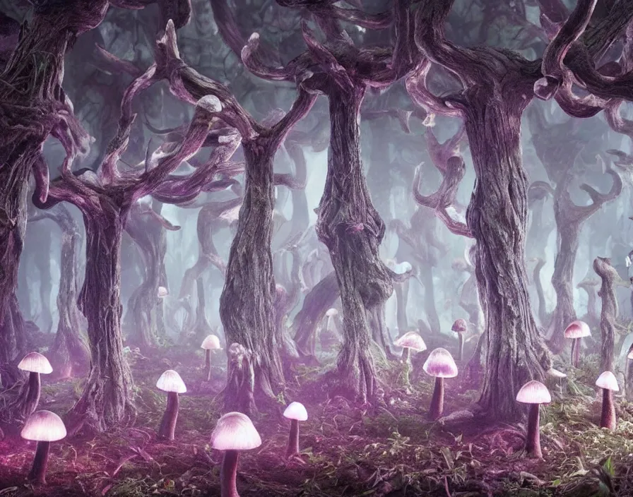 Prompt: a weird magical forest with glowing mushrooms made entirely out of brains. The trees look like bones. Highly detailed. 8k. Fantasy horror.