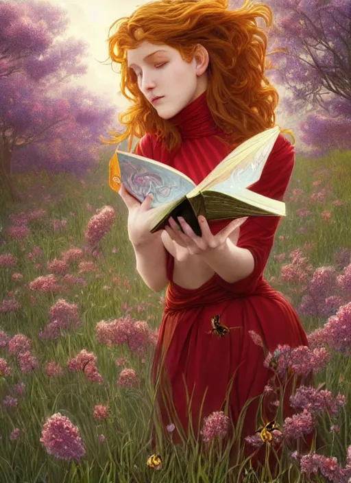 Prompt: an epic fantasy comic book style portrait painting of a young red headed girl reading a book in a field of flowers surrounded by bees, d & d, fantasy, intricate, elegant, highly detailed, digital painting, artstation, concept art, matte, sharp focus, illustration, art by artgerm and greg rutkowski and alphonse mucha