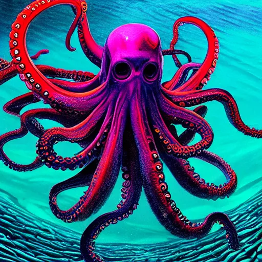 Prompt: psychedelic neon highly detailed octopus monster with skull head and big tentacles on ocean floor background0.95, by Greg Rutkowski, shot on 70mm, realism, 4K HD, trending on Artstation